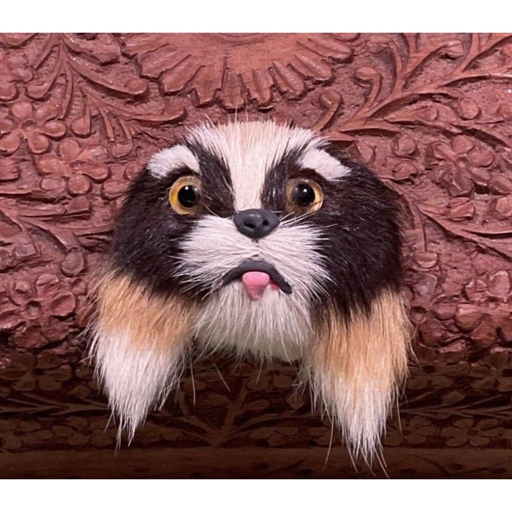 Vintage Mid Century Real Fur Dog Face Brooch Glass Eyes Pekingese/ Shih Tzu